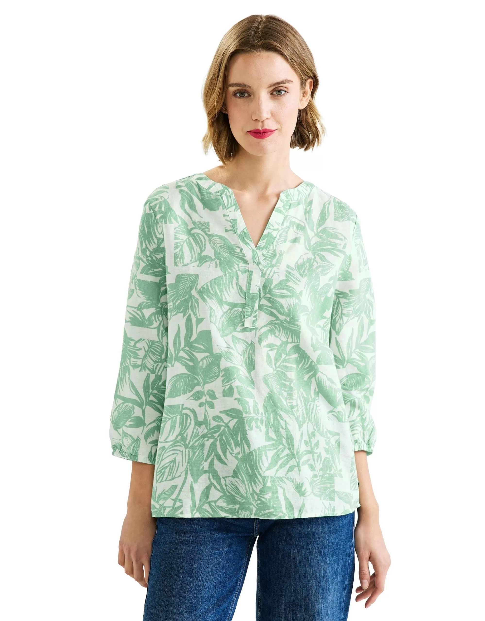 Street One Print Bluse Mit 3/4 Ärmel Aus Leinenmischung Grün Store