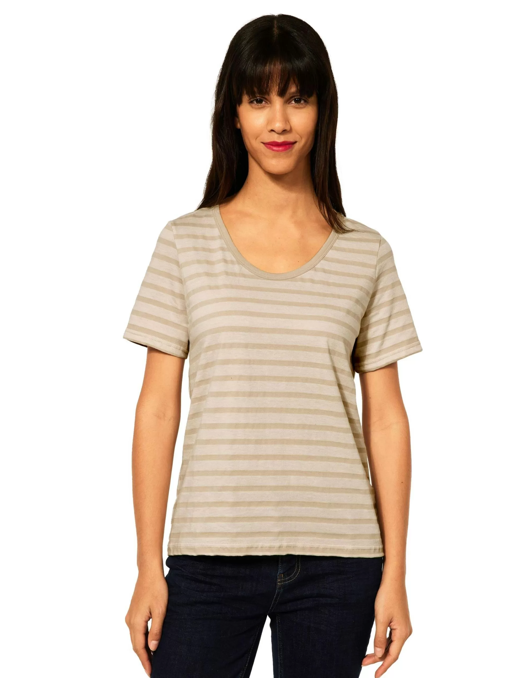 Street One Streifen Basic T-Shirt Beige Cheap