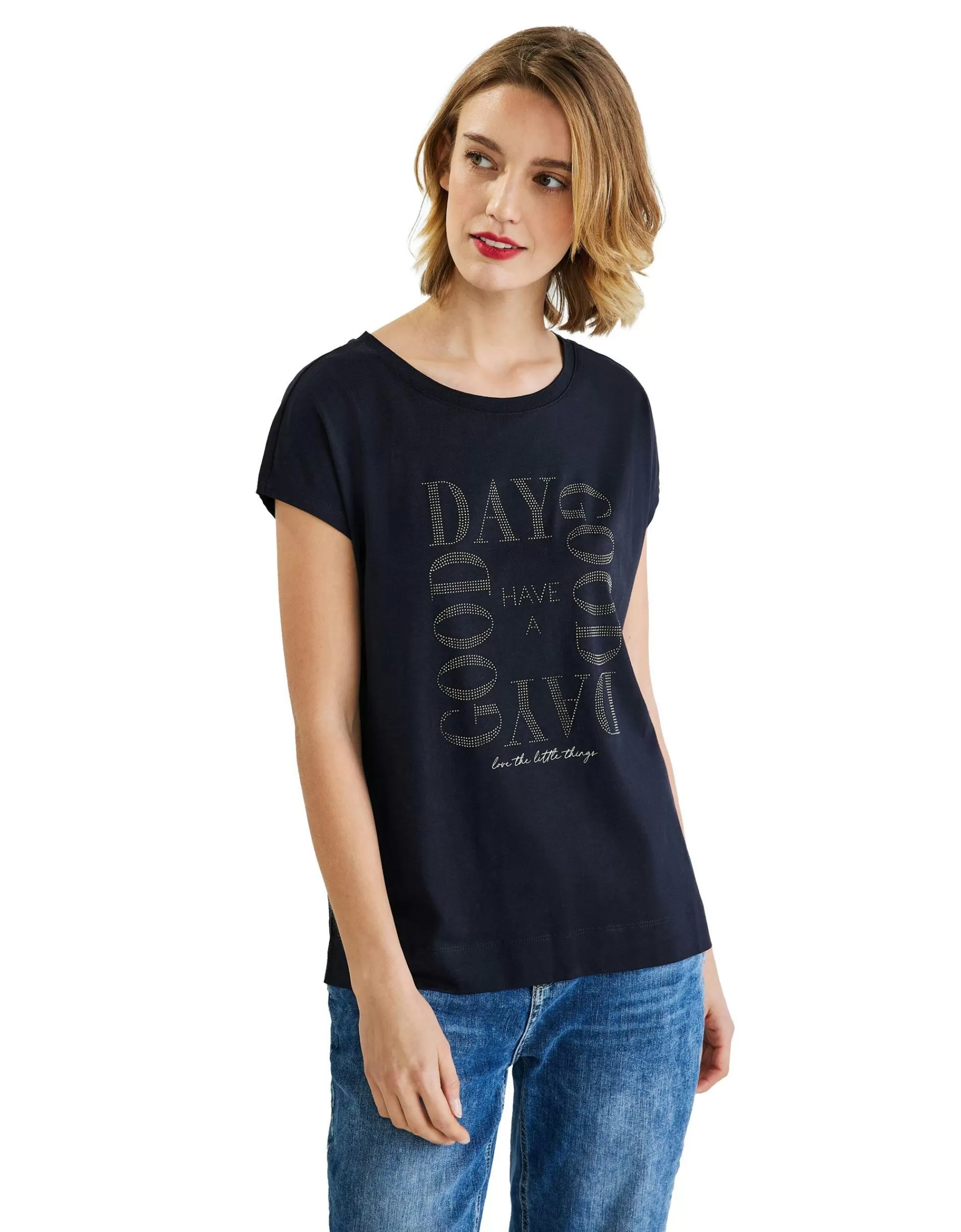 Street One T-Shirt Mit Steinchenwording Dunkelblau Store